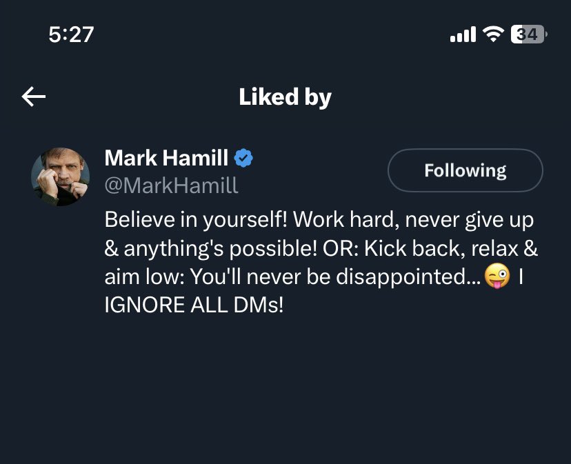 I am TOTALLY ok with getting just one like on a post when it’s <a href="/MarkHamill/">Mark Hamill</a> 

Always makes my day!