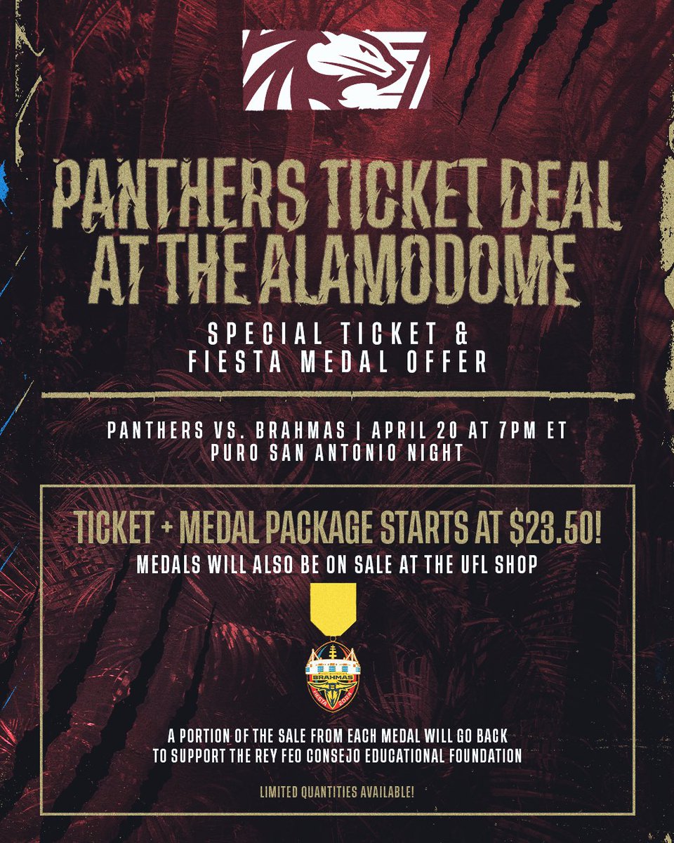 We have a special ticket offer for you, Panthers fans ‼️ Details below ↓ When you buy a ticket to this Saturdays game at the Alamodome you will receive a one of a kind Fiesta Medal 🙌 🎟️: offer.fevo.com/san-antonio-br… *Ticket + Medal package starts at $23.50!* 🎟️🥇 *LIMITED…