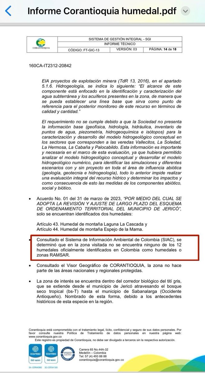 AGAColombia's tweet photo. Apreciados @ElColombiano,
Frente a su afirmación “se disponían a realizar unos estudios cerca al humedal de la vereda en el predio El Lago”, queremos contarles que el informe técnico 160CA-IT2312-20842 realizado por @Corantioquia no identificó humedales en la zona visitada, así como lo detalla en la página 16 del informe en mención: 
“La zona visitada no hace parte de los 12 humedales oficialmente identificados en Colombia como humedales o zonas RAMSAR” (Conclusiones. Página 16).
Todas nuestras actividades son permanentemente vigiladas por la corporación autónoma ambiental, cumpliendo la ley y aplicando las mejores prácticas.
 Saludos cordiales. 
#MineríaConPropósito