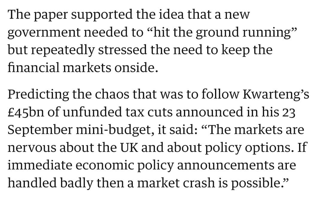 If only someone had warned her. Like her own economic advisers presenting a paper to her at Chevening in August that warned: “Markets are nervous about the UK and about policy options. If immediate economic announcements are handled badly then a market crash is possible.” Oh.