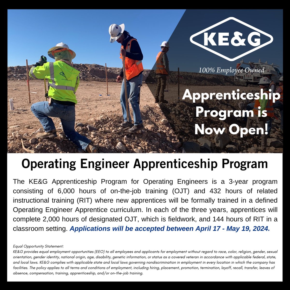 Join KE&G as an employee-owner by applying for our apprenticeship program. Applications are now open! 

kegtus.com/about-us/appre…

#apprenticeshipprogram #esop #wesop #employeeownership #kegconstruction #construction #heavycivilconstruction #ConstructingOurLegacy
