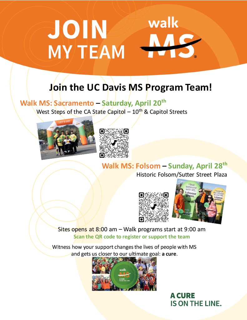 Join our team for Walk MS to show support for people with multiple sclerosis (MS). Participate in this annual walk to raise MS awareness and furthering MS research. Walk MS: Sacramento (April 20) - events.nationalmssociety.org/index.cfm?fuse… Walk MS: Folsom (April 28) - events.nationalmssociety.org/index.cfm?fuse…