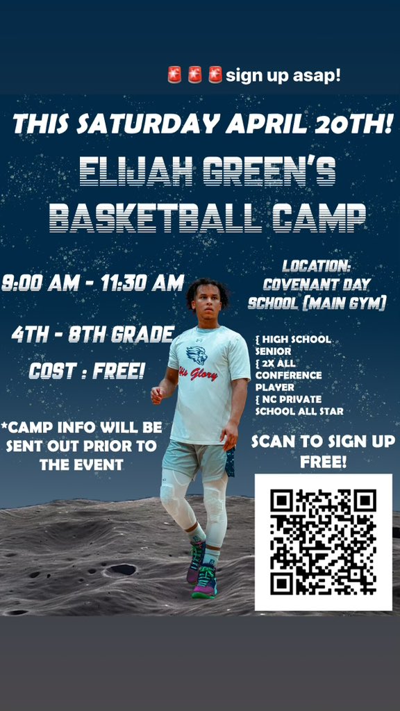 Coach Cam (@cap_cityclt) on Twitter photo Sign up asap‼️ Grades 4th-8th it’s FREE‼️ Scan barcode to register now! I’ll be in attendance working with our PG <a href="/eliijahgreen/">Elijah Green</a> from <a href="/CovenantDayBB/">CovenantDayBB</a> this Saturday from 9:00am-11:30am❤️💙 Sign up asap‼️ Grades 4th-8th it’s FREE‼️ Scan barcode to register now! I’ll be in attendance working with our PG <a href="/eliijahgreen/">Elijah Green</a> from <a href="/CovenantDayBB/">CovenantDayBB</a> this Saturday from 9:00am-11:30am❤️💙