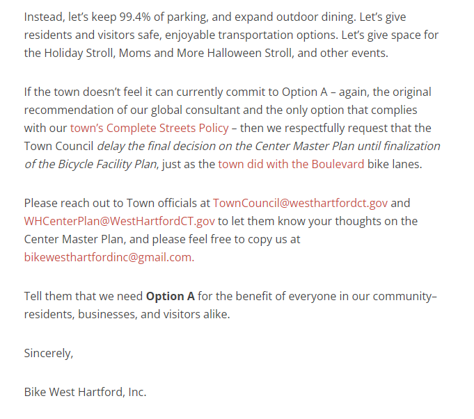 This is insane: West Hartford is talking about keeping WH Center a car sewer over fear of losing 0.6% of the total parking stock If you live in or frequent WH please send the town an email and tell them you want a better future @BikeWHartford we-ha.com/letter-center-…