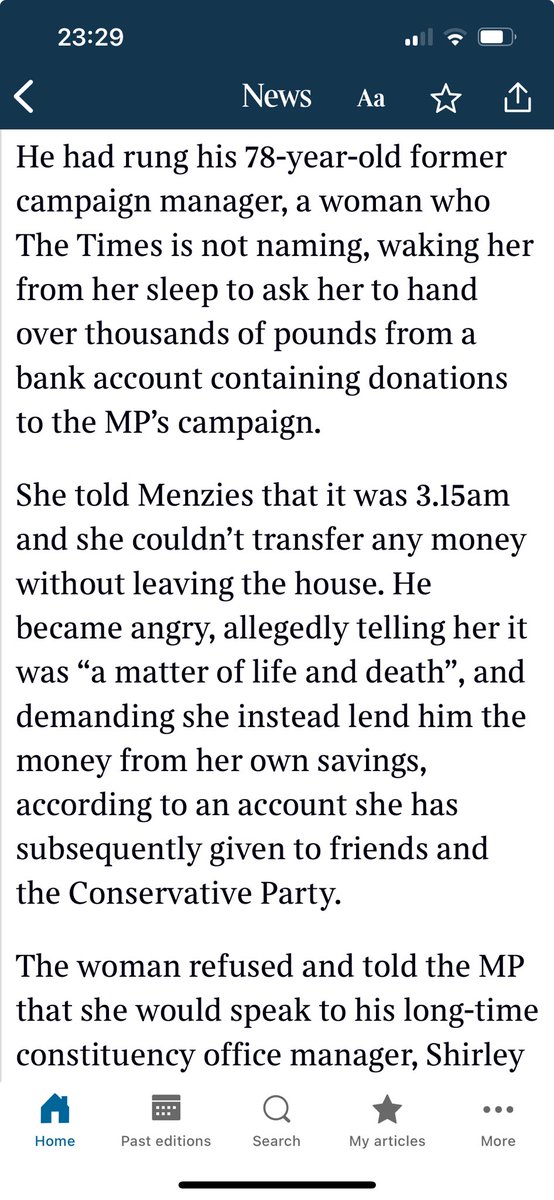 My favourite bit of this extraordinary ⁦@thetimes⁩ story. Menzies calls fmr campaign manager in middle of night and says it’s ’life or death’ unless she transfers £1000s immediately. She says no. Indicating that in choice between life or death, she’d made up her mind…..