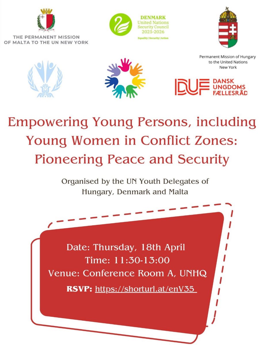 🗓️18 April from 11:30am-1pm NY, GNWP🟣 EESCCA Program Coordinator @FarionSophia will speak🗣️ on synergies🤝 b/w #WPS & #YPS at “Empowering Young Persons, incl. Young 🚺 in Conflict Zones,” hosted by @MaltaUNMission, @Denmark_UN & @HUNMissionToUN. ✍️RSVP👉 shorturl.at/enV35