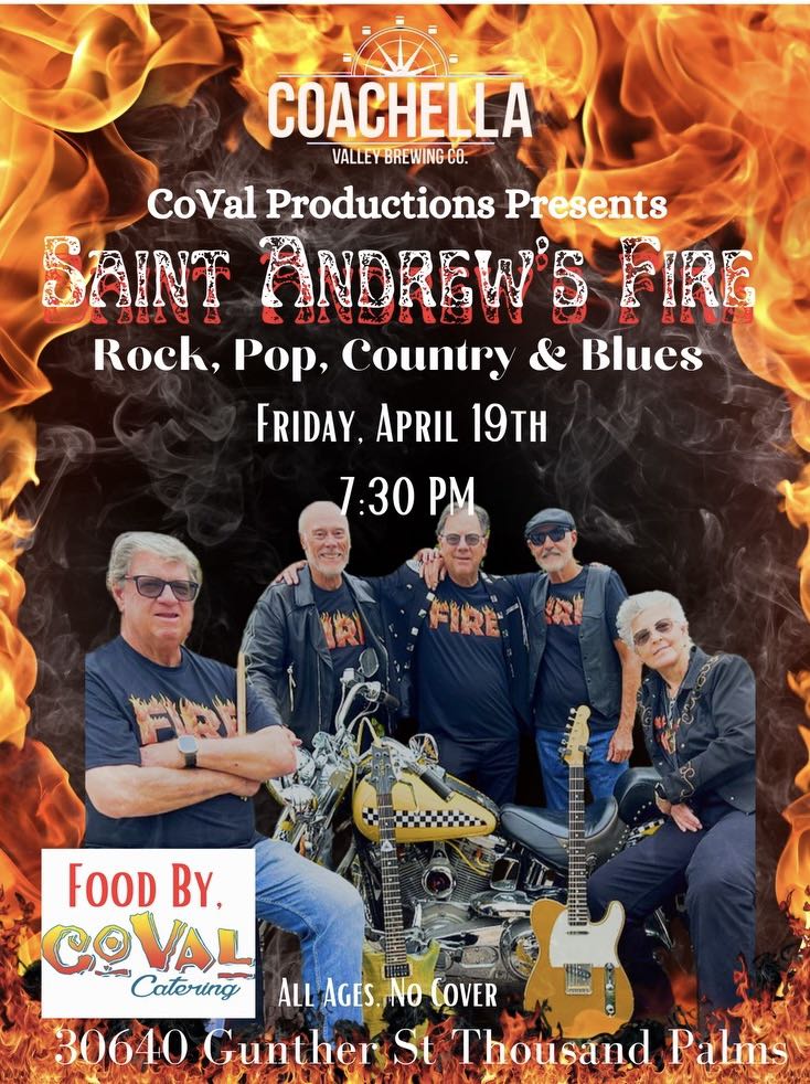 This Friday(7:30pm), catch local favorites SAINT ANDREWS FIRE at CV Brewing in Thousand Palms! No Cover / All Ages Food by Coval Catering