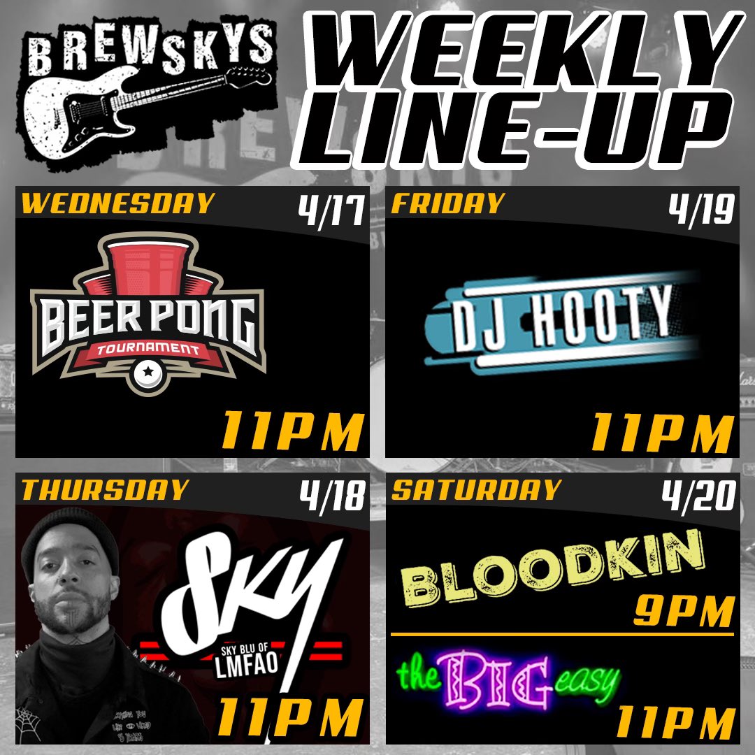 BrewskysHatti's tweet photo. HUGE weekend at Brewksys!!
Wednesday-Beer Pong with .50 cent wings, $4 beer pitchers, and $12 well drink pitchers!! 
Thursday-SkyBlu DJ from LMFAO on the stage at 11 to play the jams for your Thirsty Thursday destination!! https://t.co/yBxl8Zqbbe