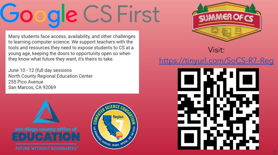 SD K-6 T's! See how awesome CS is for students with Google! Join in a 3 day, free training on JUN 10-12 in San Marcos. Stipend available. See graphic for signup information. @doctorstem @sdschools @PowayCTE @Borrego_usd @CoronadoUnified @SanMarcosUSD @VUSDHR @CarlsbadUSD