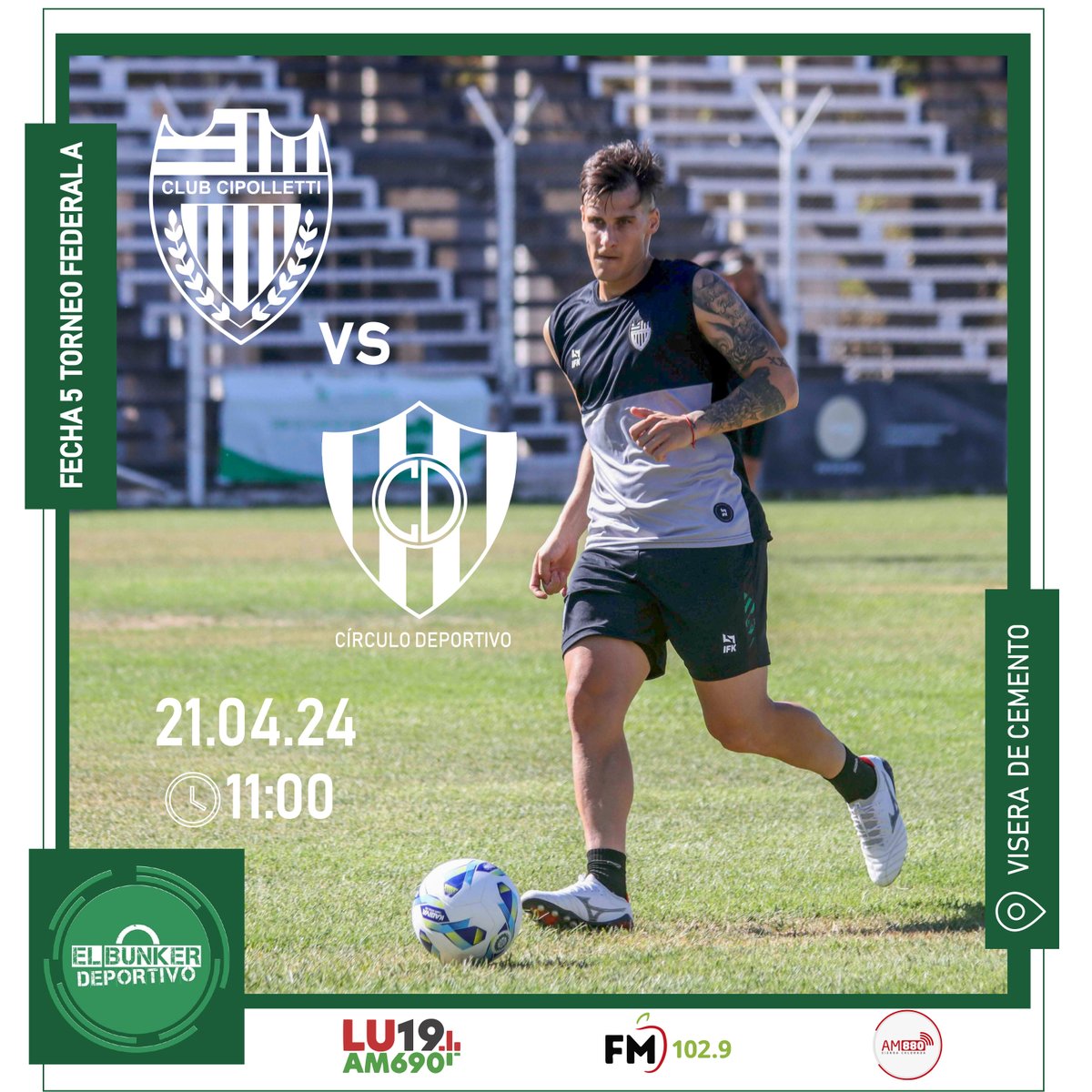 Fecha 5 #FederalA 
⚽️#Cipolletti vs Círculo Deportivo
 Domingo 21/04 
🕘La previa: 09 hs
🕙El partido: 11 hs
📍Visera de Cemento