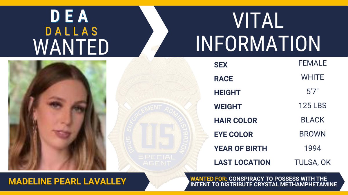 #FugitiveFriday: @DEADallasDiv is looking Madeline Pearl LaValley. Wanted for Conspiracy to Possess with Intent to Distribute Crystal Methamphetamine. Please call USMS at 1-877-WANTED-2 @USAO_NDOK @TulsaPolice