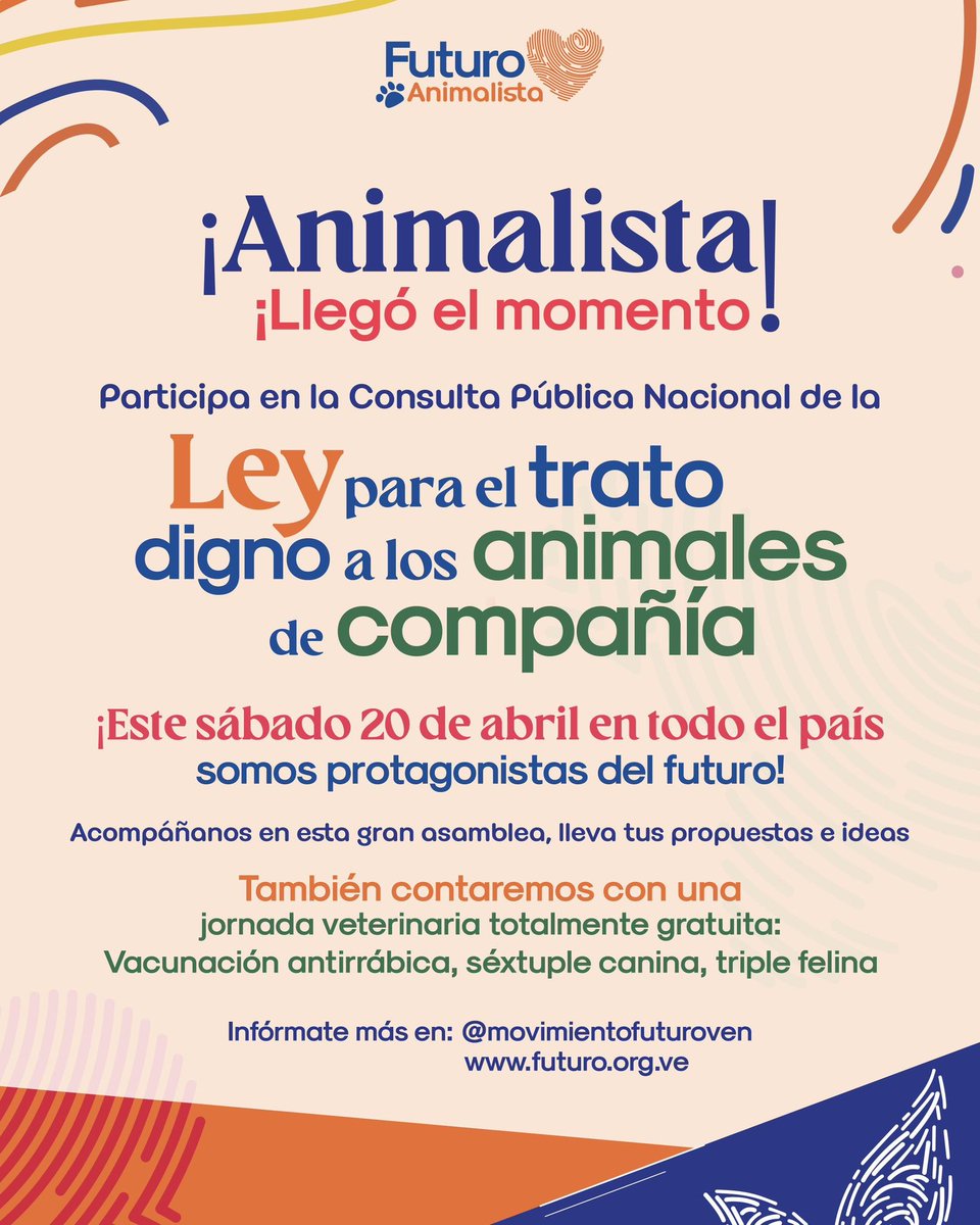 Este sábado 20 de abril estaremos desplegados en todo el país para debatir esta maravillosa ley que protegerá y reconocerá a los animales de compañía. 

¡También tendremos jornada veterinaria gratuita! 😉

¡Conoce los lugares de las asambleas, aquí! 👇🏼