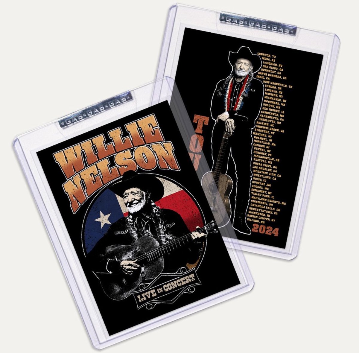 GAS is proud to present the official @WillieNelson 2024 Tour Trading Card, available exclusively in-person at each show while supplies last! It's a limited edition numbered to 250 card, so act fast! #willienelson #countrymusic #gastradingcards #tradingcards