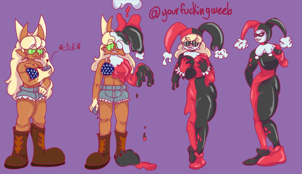 My part of an art trade with <a href="/SqueakySillies/">Certified shovel clown🎺🎺🎺</a> featuring their oc being transformed into Harley Quinn :))