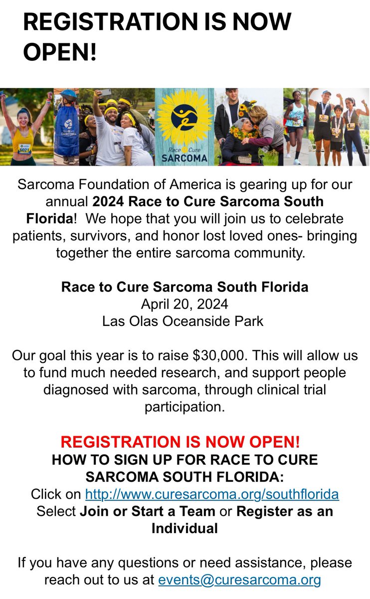 Join me at the Race to Cure #Sarcoma South Florida 2024 @CureSarcoma @SylvesterCancer p2p.onecause.com/southflorida?b…