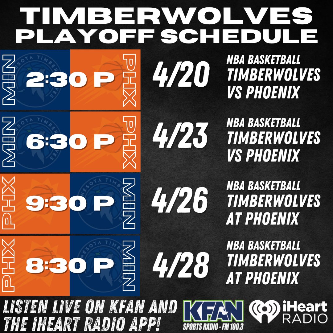 🏀The @Timberwolves Playoff schedule is set! Catch every game on FM100.3 KFAN and on the Timberwolves Channel on the @iHeartRadio app! #KFANWolves #RaisedByWolves  #NBA  🎧KFAN.com/listen 📲iheart.com/live/minnesota…