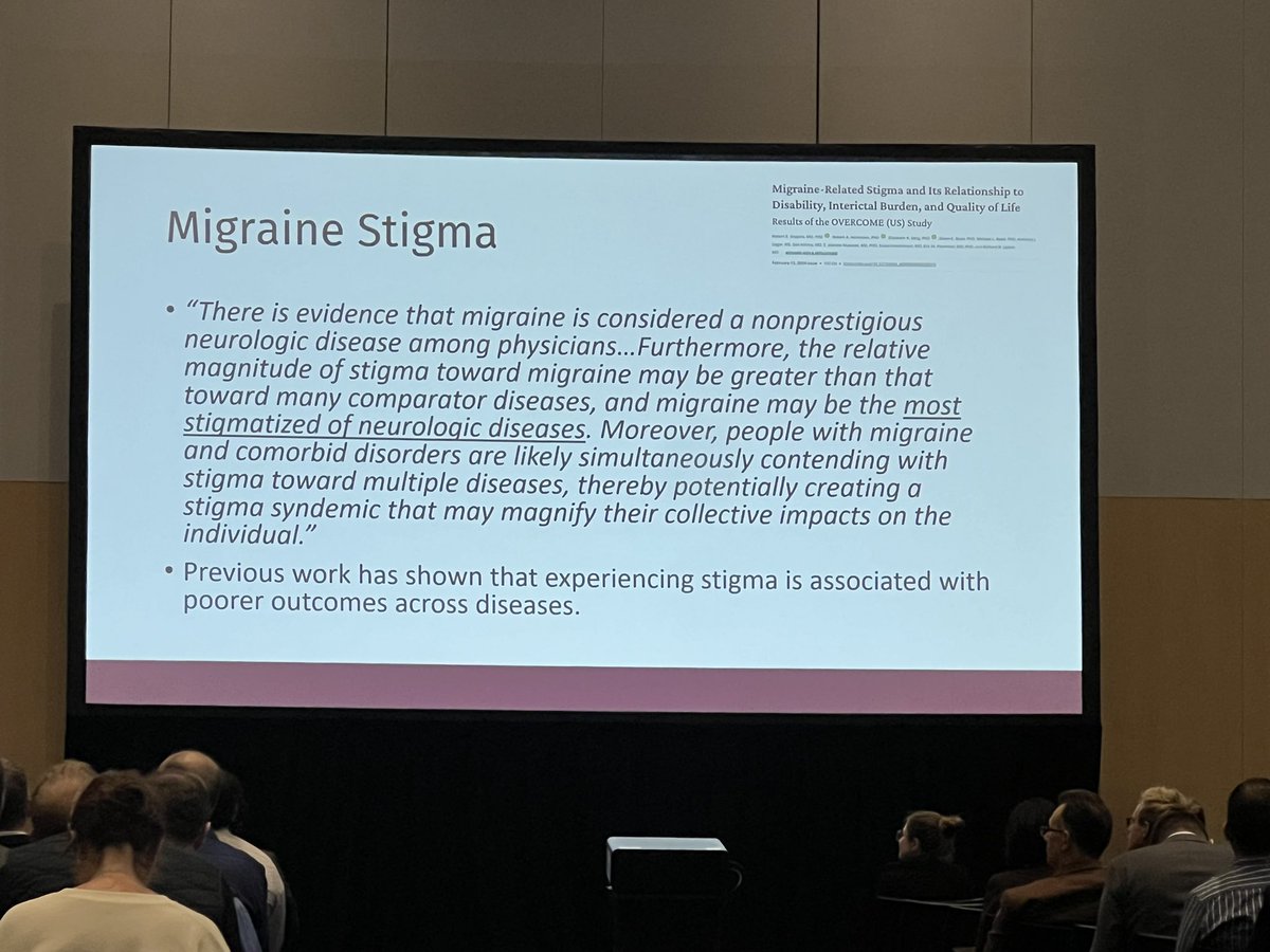“There is evidence that migraine is considered as nonprestigious neurological disease among physicians…” @RebeccaCBurch urging all of us to push back when we hear our own colleague neurologists perpetuating stigma against those living with migraine disease. #AANAM
