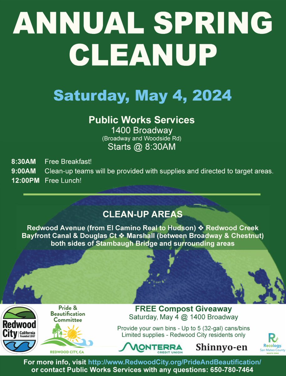 🌷 The City of Redwood City's Pride and Beautification Committee is hosting its Annual Spring Cleanup on May 4! 📋 You can register on site the day of the event at the Public Works gate (1400 Broadway, Redwood City). ➡️ For more infor, please visit RedwoodCity.org/PrideandBeauti….