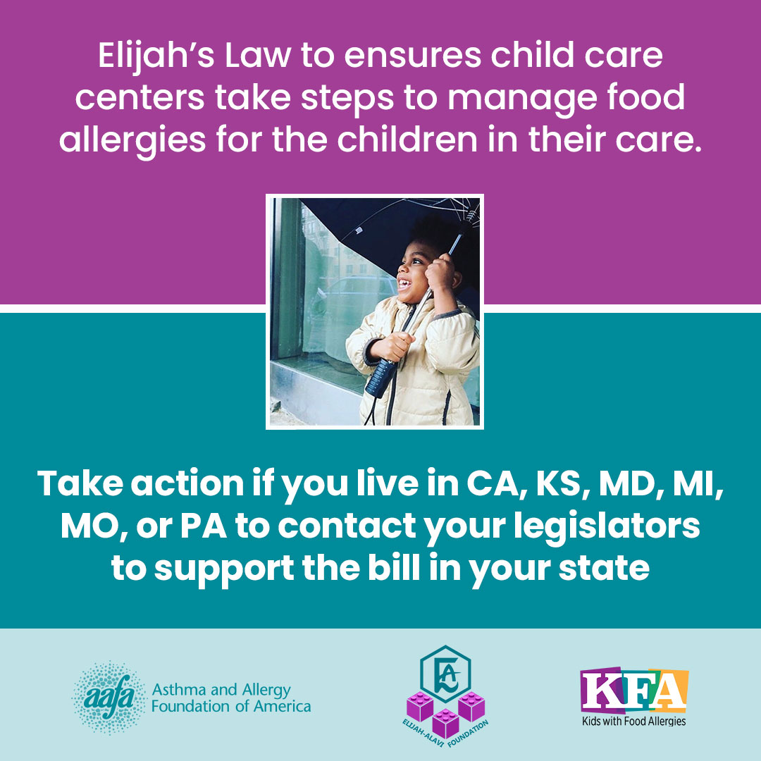 Elijah's Law ensures child care centers take steps to manage food allergies for the children in their care! Now law in NY, IL, VA, and introduced in 6 more states! If you're in CA, KS, MD, MI, MO, or PA, contact legislators: community.kidswithfoodallergies.org/blog/elijah-s-… @ElijahsEcho @AAFANational
