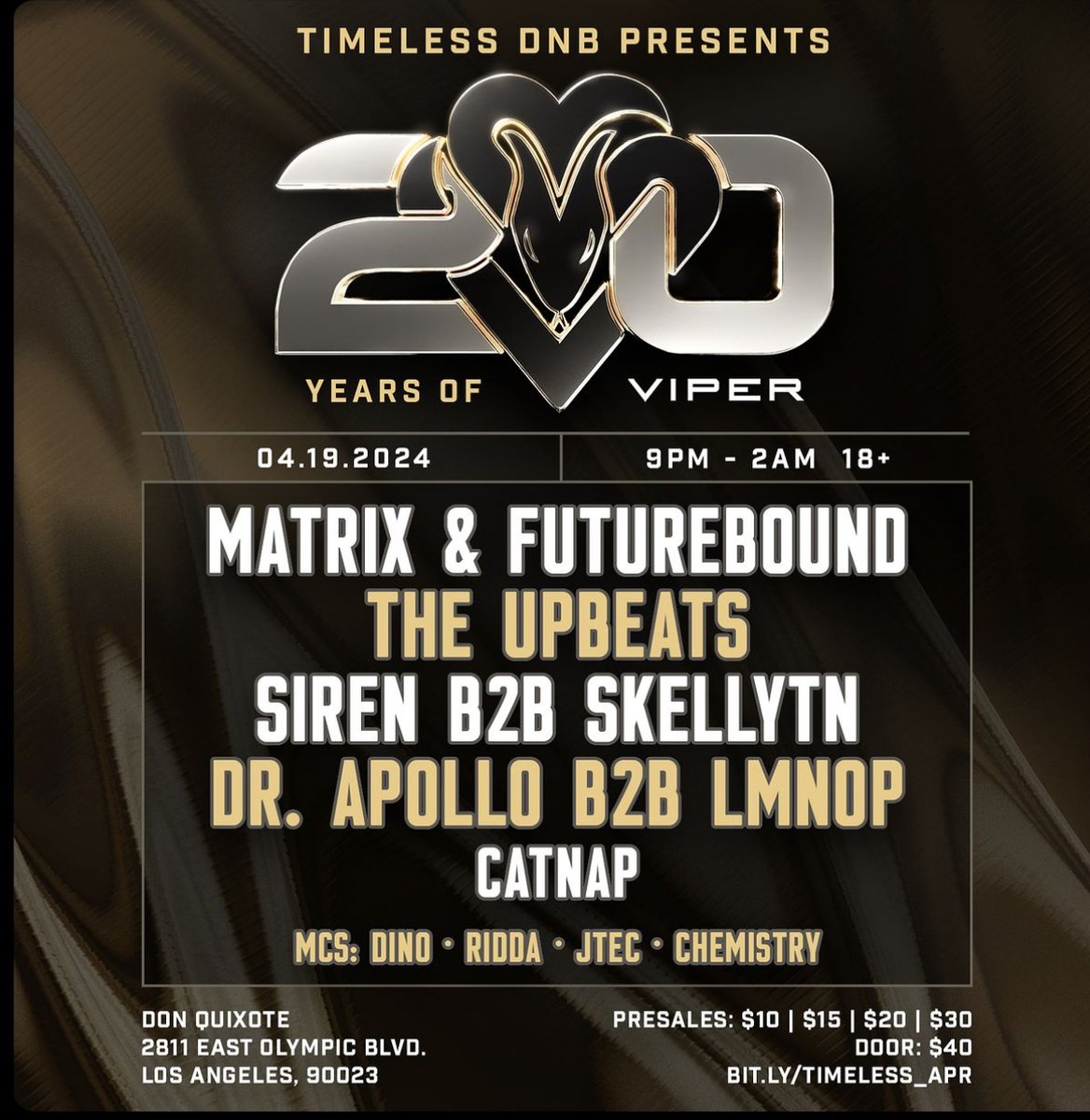 This Friday - Timeless D&B is celebrating 20 years of Viper Recordings at Don Quixote. April 19th // 9pm // 18+ Get tickets: ow.ly/s3RI50RiCSP