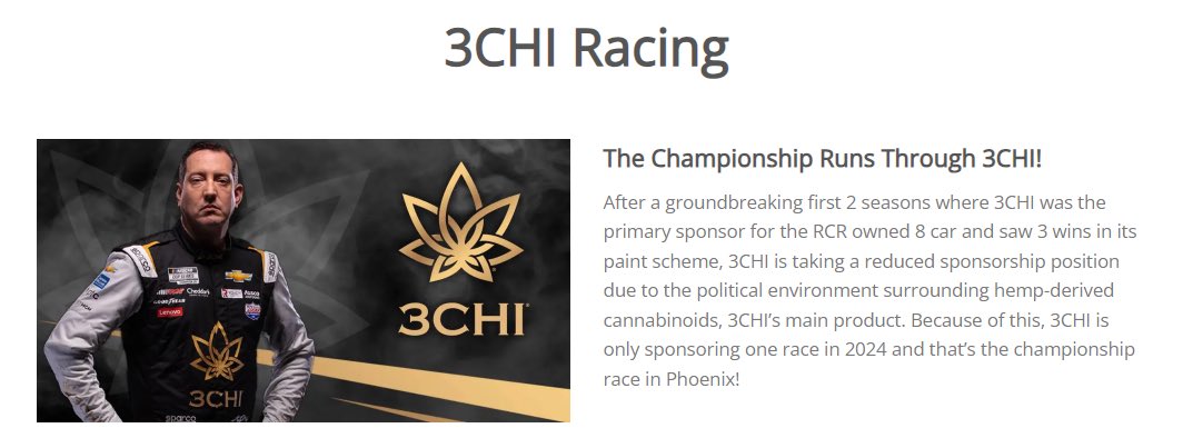 On it’s website, @3ChiCanna says due to “the political environment surrounding hemp-derived cannabinoids” the company will only be sponsoring @KyleBusch and @RCRRacing in one race this year — the season-finale at Phoenix Raceway (November 10). #NASCAR