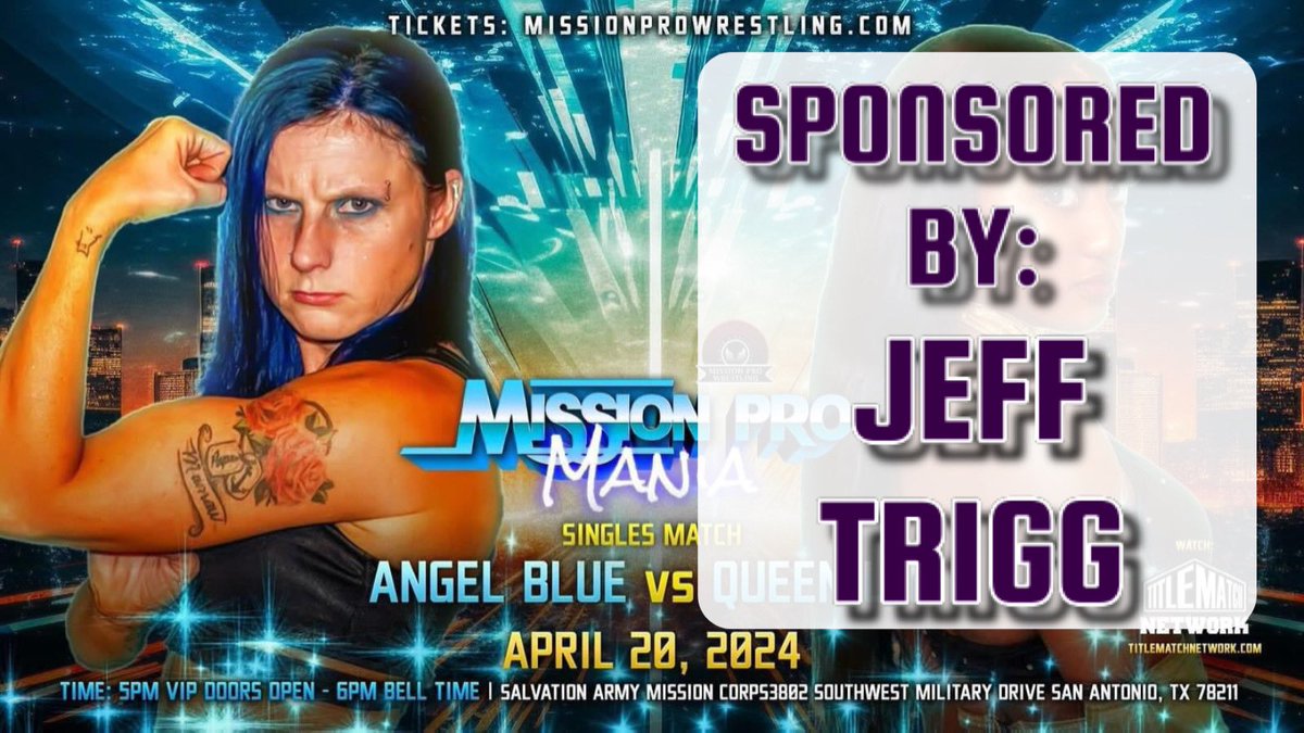HUGE THANK YOU to Jeff Trigg for sponsoring @AngelBlue0830 at #MPWMania on April 20th!! Watch on @TitleMatchWN Tickets at missionprowrestling.com Sponsorship Inquiries: missionprowrestling@gmail.com #WWENXT  #AEWDynamite #AEWDynasty #Smackdown  #womenswrestling