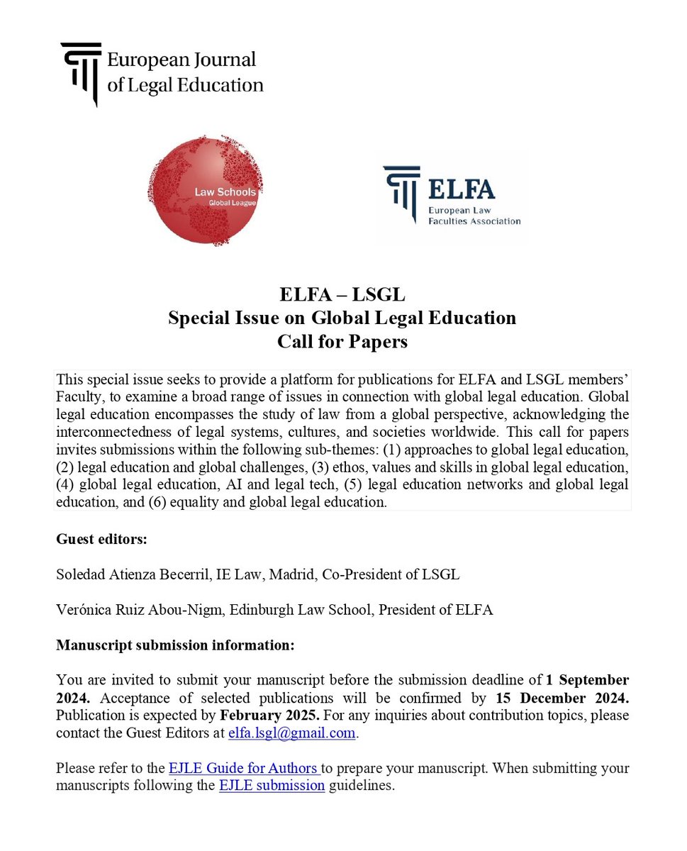 European Journal of Legal Education: ELFA – LSGL Special Issue on Global Legal Education Call for Papers