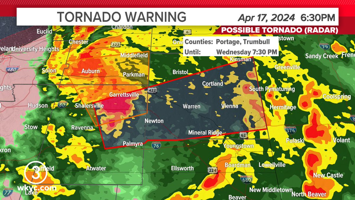 Tornado WarningTrumbull, Portage until Apr 17, 2024 7:30PM 
Take shelter immediately if in the warning. #3weather