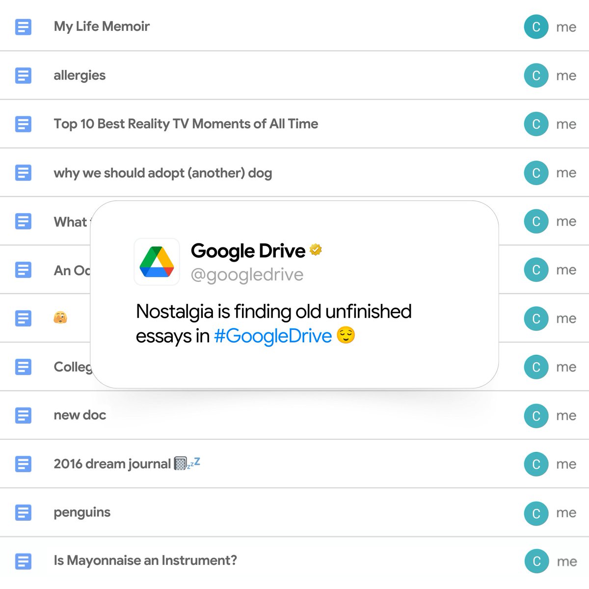 Comment the most unhinged project title found in your #GoogleDrive.👇 → goo.gle/3Jm475B