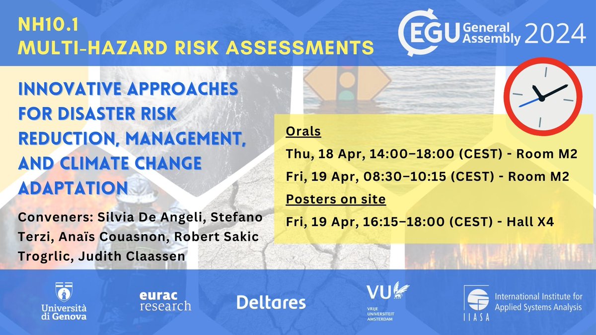 📢 Excited to announce our #EGU24 session on Multi-hazard risk assessment! Starting today, April 18th, at 14:00 CEST with the ECS Outstanding Award Lecture by @Marleen_Ruiter. Join us in Room M2! @Ste_rzi @anaiscouasnon @DrRobertSakic @jn_claassen @NH_EGU