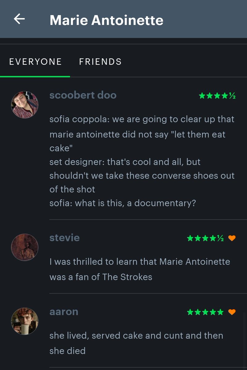 Ecco gli immancabili commenti, love them.
Also, ho ufficialmente cominciato a seguire 𝐚𝐚𝐫𝐨𝐧 perché non è la prima volta che trovo un suo commento sotto film che vedo, che mi fa proprio dire 'vero, same'

#MarieAntoinette