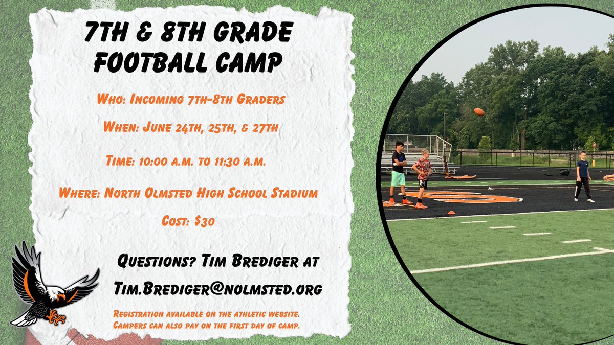 Middle school football camp days start June 24th. This includes time on the field and in the weight room. Get a jump on registration here: register.ryzer.com/camp.cfm?sport…