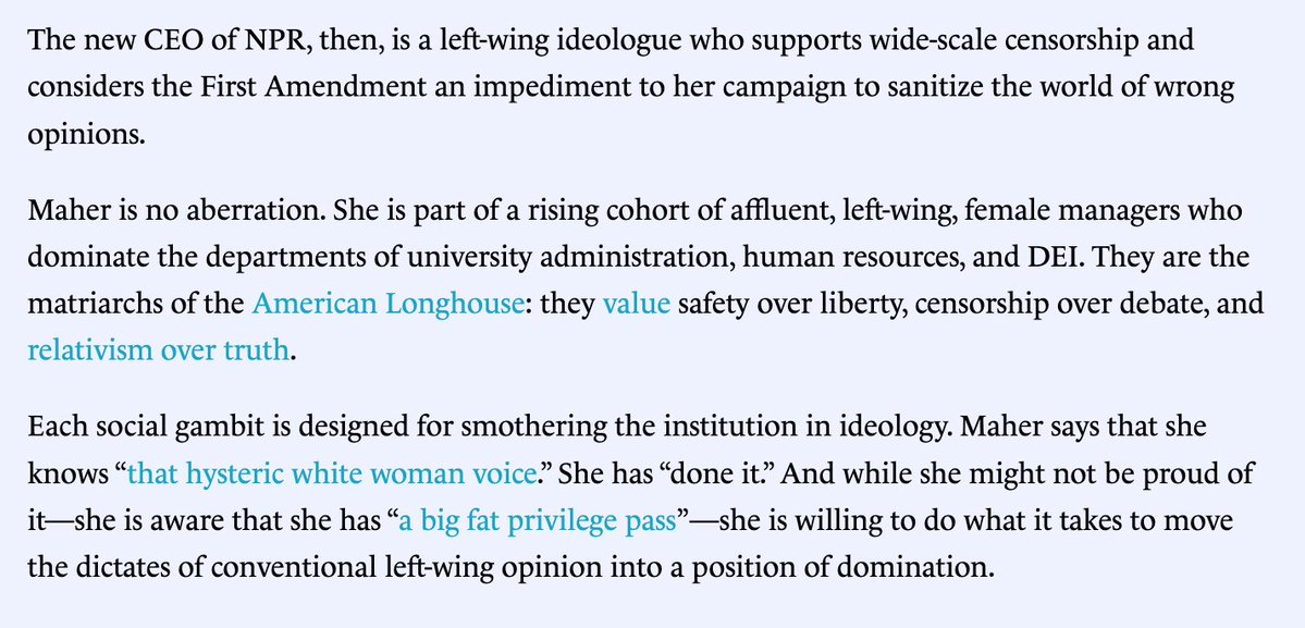 'The new CEO of NPR is part of a rising cohort of affluent, left-wing, female managers who dominate HR and DEI. They are the matriarchs of the American Longhouse: they value safety over liberty, censorship over debate, and relativism over truth.' city-journal.org/article/quotat…