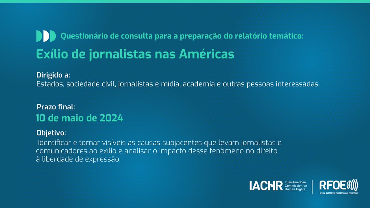 A @RELE_CIDH preparará um relatório sobre o exílio de jornalistas na região, com o objetivo de identificar e tornar visíveis as causas que levam jornalistas e comunicadores a tomar a decisão de se exilar. Podem enviar suas contribuições: oas.org/pt/cidh/jsForm…