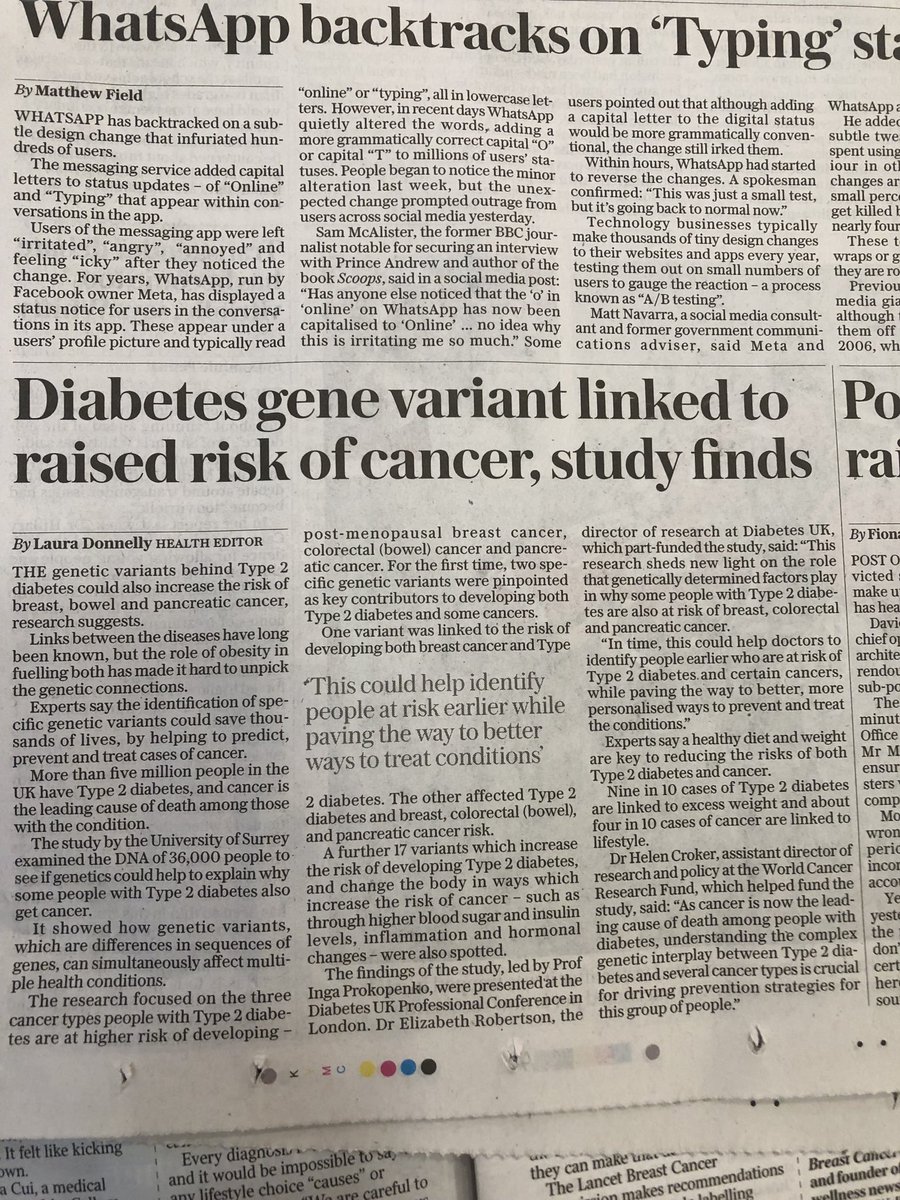 DrPMitrou's tweet photo. @WCRF_UK and @DiabetesUK funded study in the news with our quote from @wcrfint @DrHelenCroker #type2diabetes #cancer #genevariants https://t.co/7wIpT14w61