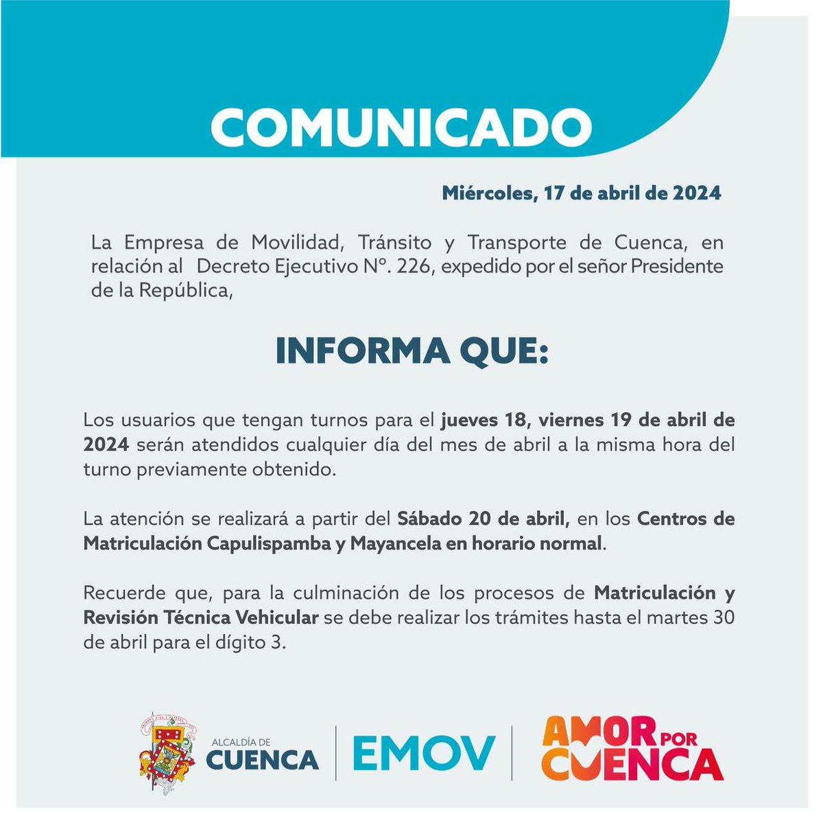 emov_ep's tweet photo. 🚨Información Importante🚨

👉 Sobre la atención en los centros de Matriculación y Revisión Técnica Vehicular.

@czamoramatute 
@MunicipioCuenca 
@DarioOrdonezA https://t.co/Sha6QwqwSU
