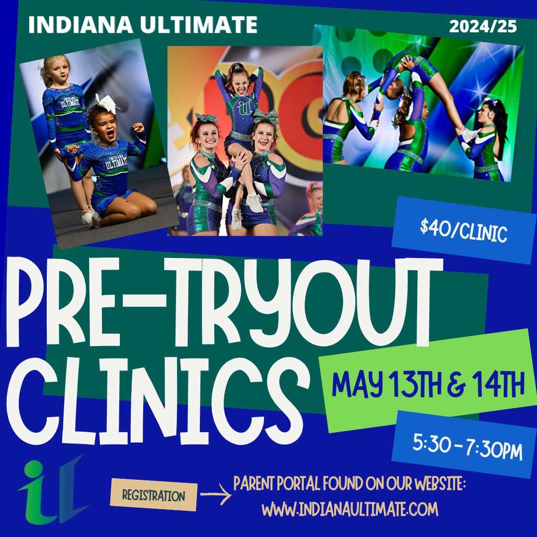 ‼️2024/25 Pre-Tryout Clinics‼️

Register here⬇️

app.iclasspro.com/portal/indiana…

➡️May 13th &amp; 14th
➡️5:30-7:30pm
➡️$40/Clinic
➡️Elkhart Location

These clinics are a great way to prepare for our Full Season Allstar Tryouts (May 15th - May 17th)!

#pretryoutclinics #allstarcheer