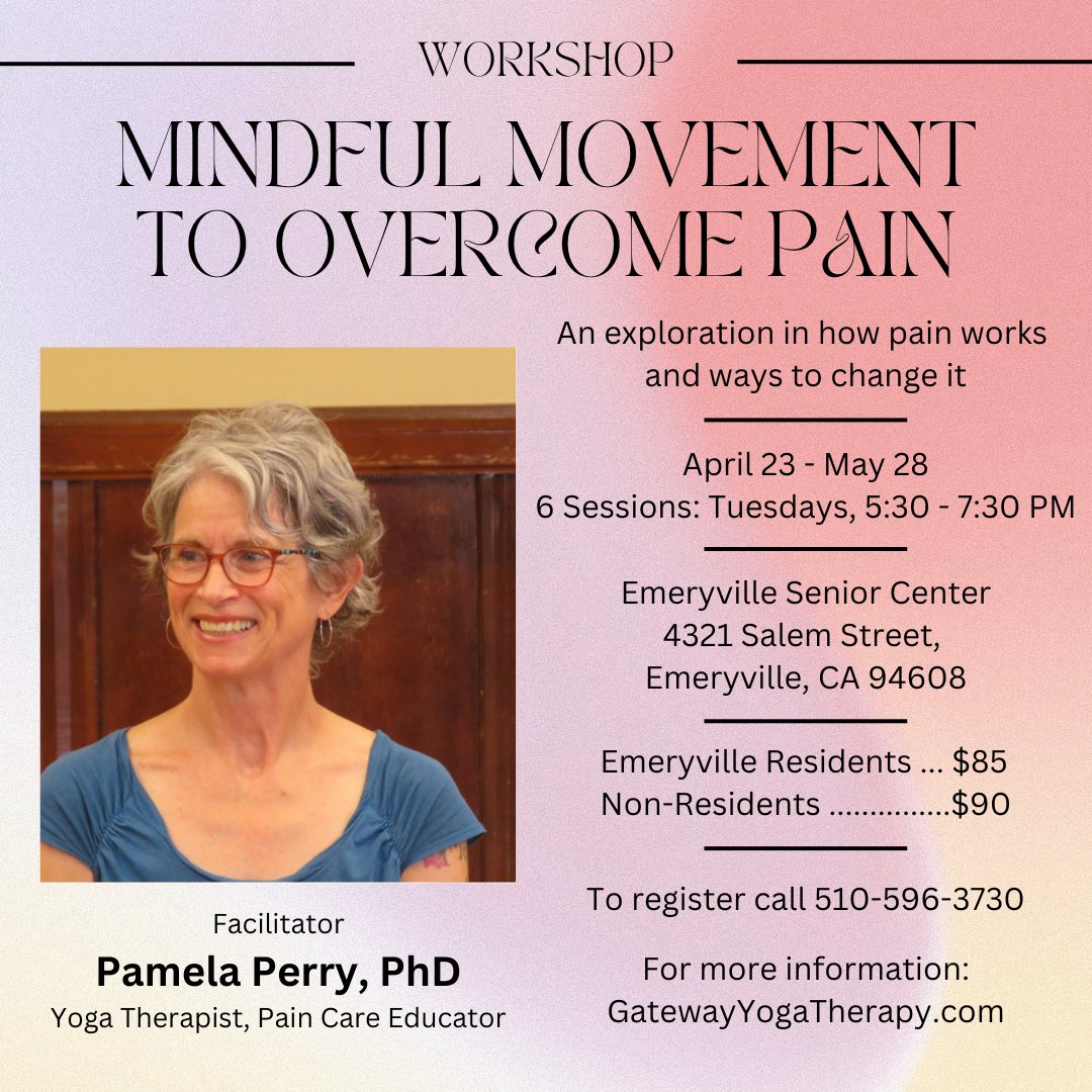 Check out some upcoming events hosted by the Emeryville Senior Center! Boomer Dance Party! April 19 - 1 PM to 3 PM Workshop: Mindful to Overcome Pain with Pamela Perry, PhD Tuesdays, April 23 - May 28 5:30 PM to 7:30 PM