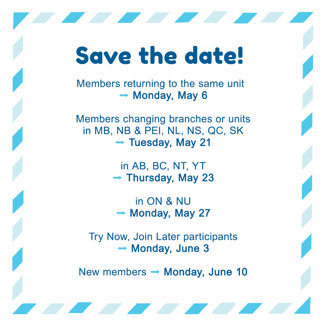 Save the date – it’s almost time to register for the 2024-25 Guiding year! 📅 🙌 Staying in the same unit? Registration opens May 6 Changing units or moving up to the next branch? Registration starts Tuesday, May 21 More info ➡️ girlguides.ca/joinus