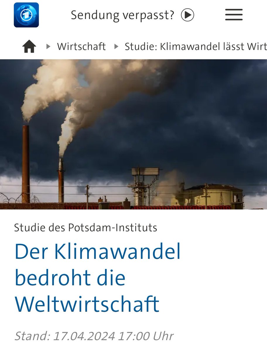 Die vorsätzliche Vernichtung der deutschen Wirtschaft schiebt man jetzt also auf den #Klimaschwindel?

Dass nur Deutschland den Degrowth durchzieht und nur Deutschlands Wirtschaft bedroht ist, verschweigen die Hofmedien wieder mal nonchalant.
#Lügenpresse

tagesschau.de/wirtschaft/kli…