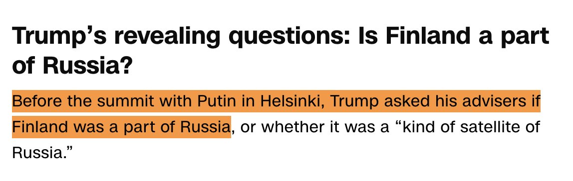 The photo illustrating this report about Trump thinking Ukraine was part of Russia is a reminder that, during his 2018 trip to Finland to meet Putin there, Trump asked his chief of staff if Finland was part of Russia. He was asking if he was in Russia. cnn.com/2020/06/17/pol…
