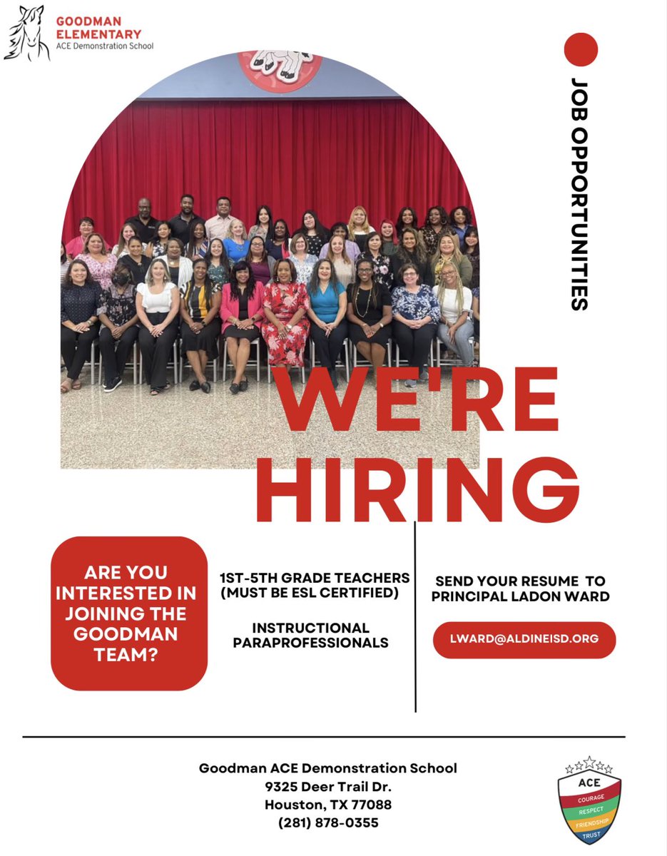 Goodman ACE is hiring! We’re looking for passionate educators who believe in giving students a stellar education as well as a developmental experience! @GoodmanES_AISD @AldineISD @TraylorKappelle @minegonzo