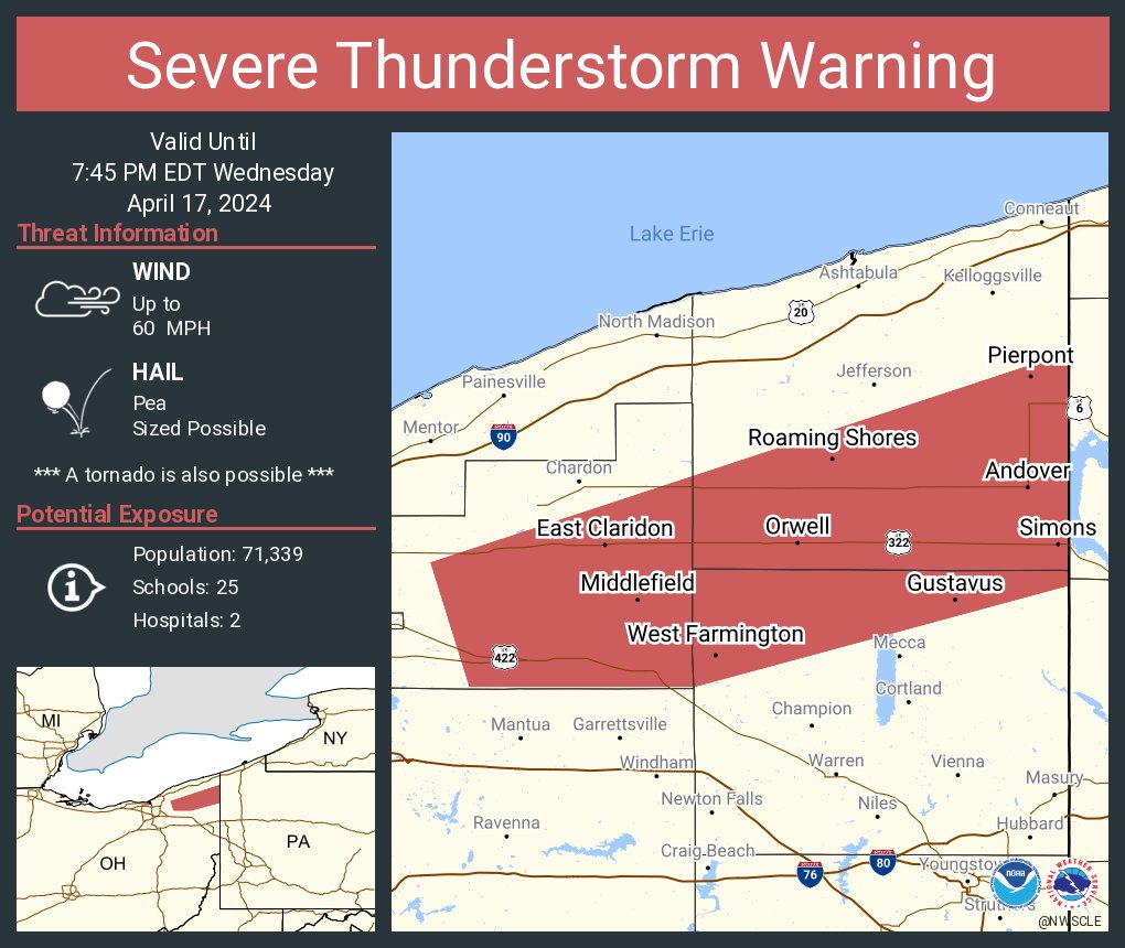 Severe Thunderstorm Warning including Middlefield OH, Orwell OH and Roaming Shores OH until 7:45 PM EDT