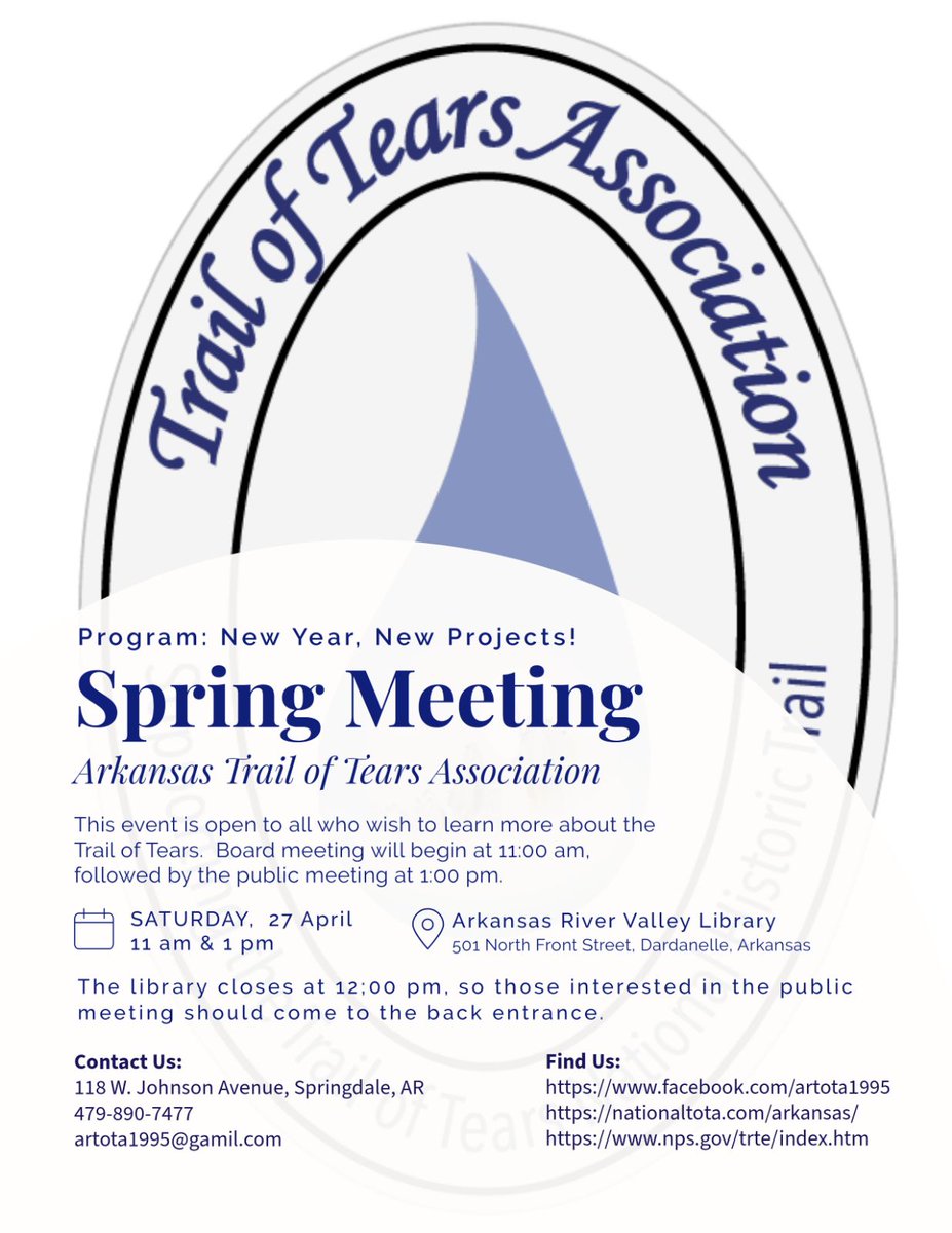 JasonIrbyLWL's tweet photo. Join me on Sat April 27 at 1:00p for the ARTOTA Spring Meeting at the Arkansas River Valley Library in Dardanelle, AR! This public event is for all who wish to learn more about the Trail of Tears.  See flier for more info! Hope to see you there! https://t.co/rulJQ1yPa5