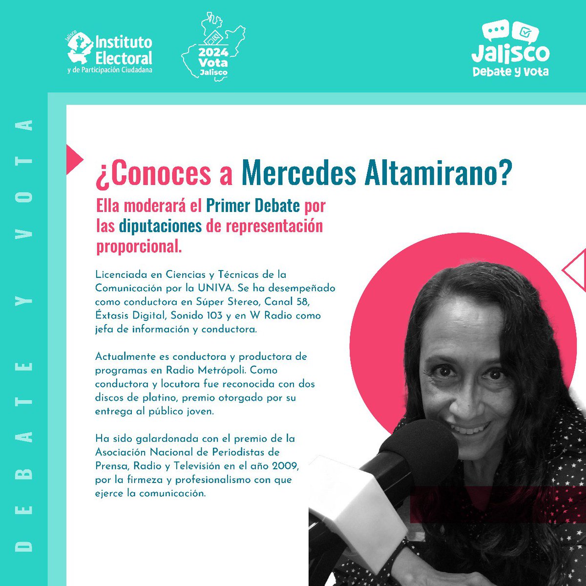 Conoce a @sonia_ssi y a @Mercedes_Alta, las moderadoras del primer debate por las diputaciones de representación proporcional.
¡No te lo pierdas!
🗓️⏰ Domingo 21 de abril a las 10:00 horas.
#JaliscoDebate2024 #Elecciones2024MX #TuVozEsElPoder #IEPCesChido #JaliscoVota2024