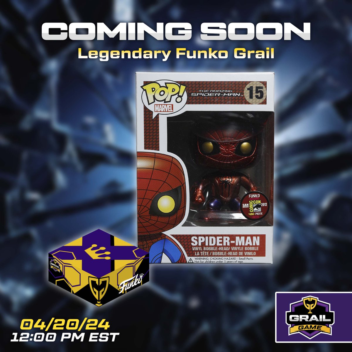 #GrailGamers! #FunkoFans! ARE YOU READY?! 💥 Our Newest Game Legendary Funko Grail #MysteryBox Game is Launching 04/20/24 - 12:00PM EST! 📌 That's right, we have a #MEGAGRAIL as the TOP HIT! The Amazing Spider-Man (Metallic Golden Eyes) 2012 SDCC 🏆 With a PPG Over $3k! 😱 This