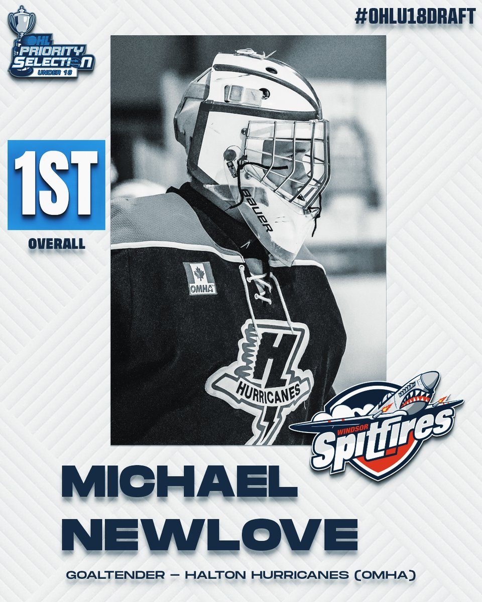 Congratulations Michael Newlove! The Windsor Spitfires (@SpitsHockey) select the Halton Hurricanes U18 AAA goaltender with the first overall pick of the 2024 #OHLU18Draft 👏