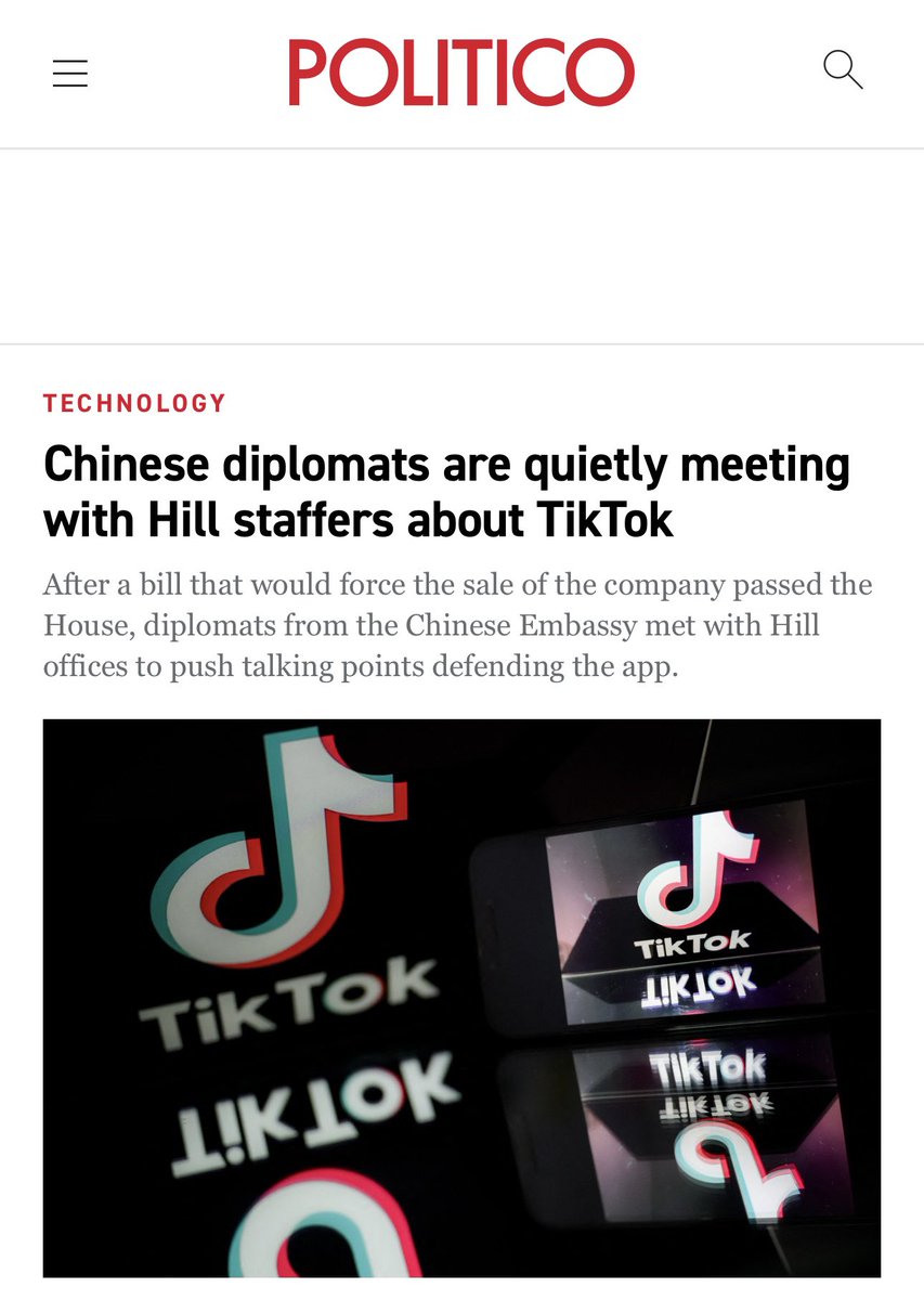 The 🇨🇳 Embassy has held meetings with congressional staff to lobby against the legislation that would force a sale of TikTok. TikTok, owned by Beijing-based ByteDance, has repeatedly denied a relationship with the 🇨🇳 government and sought to distance itself from its 🇨🇳 origins.…