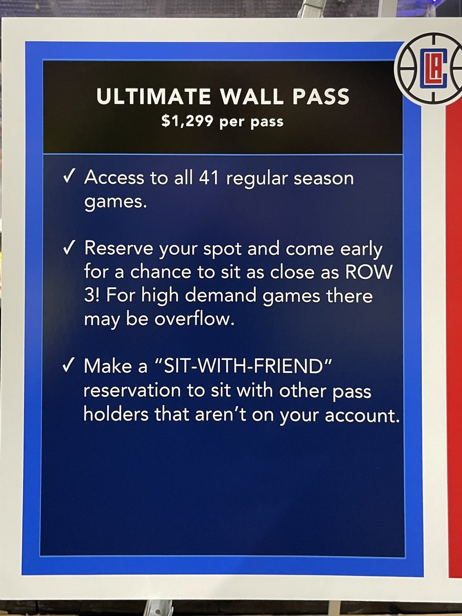 The LA Clippers announced the ‘Ultimate Wall Pass’ today, giving fans access to all 41 home games for $1,299 for the season. These seats will be based on your arrival time to the Intuit Dome. Arrive early and sit as close as Row 3. Arrive late and you may be in the standing room