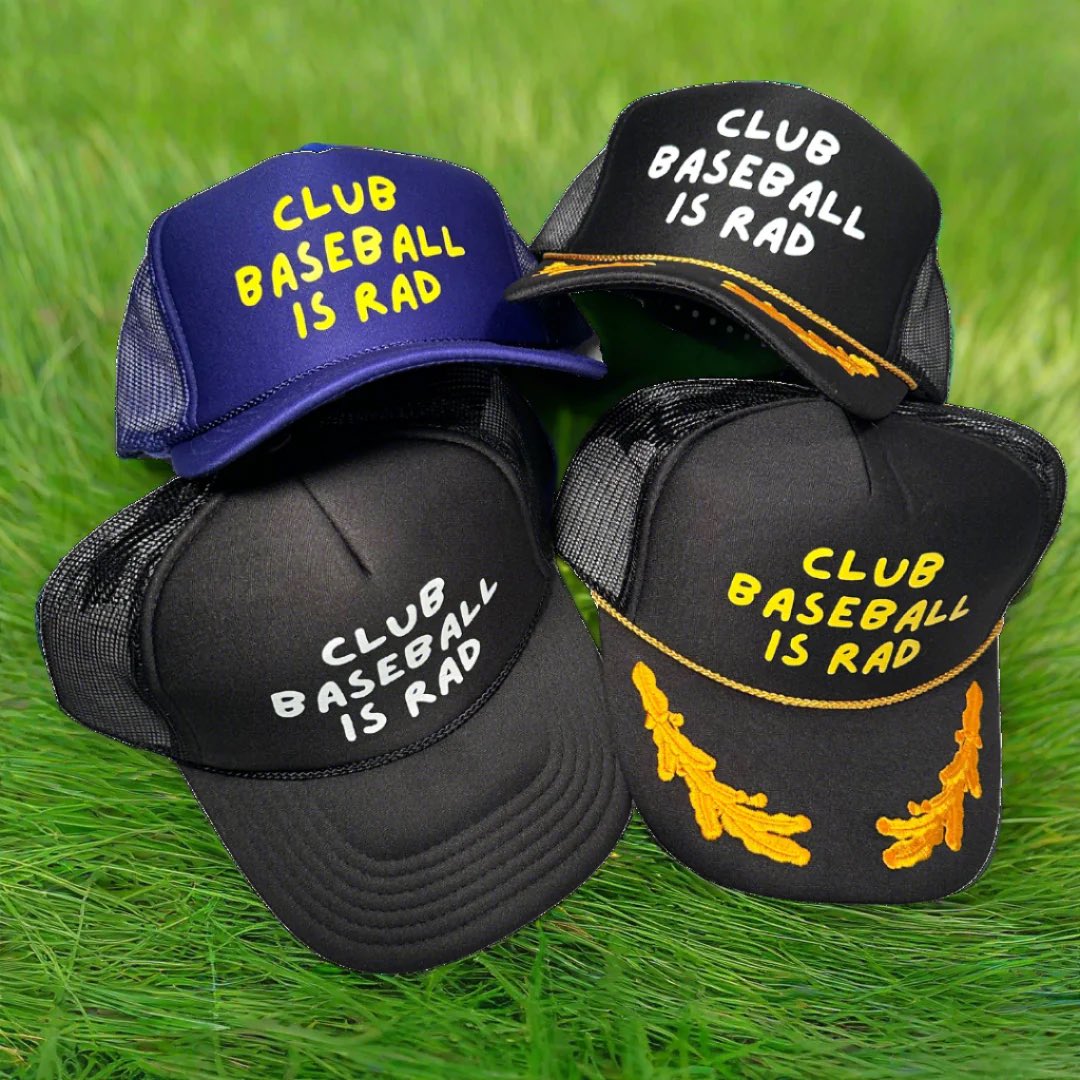 bigdonkey47's tweet photo. After confirming it for myself it was time to send the “Club Baseball is Rad” hats into production, they’re out now on https://t.co/b8qjNuXokO along with several new color ways of the original “College Baseball is Rad” hats! https://t.co/LnrVMeGOQE